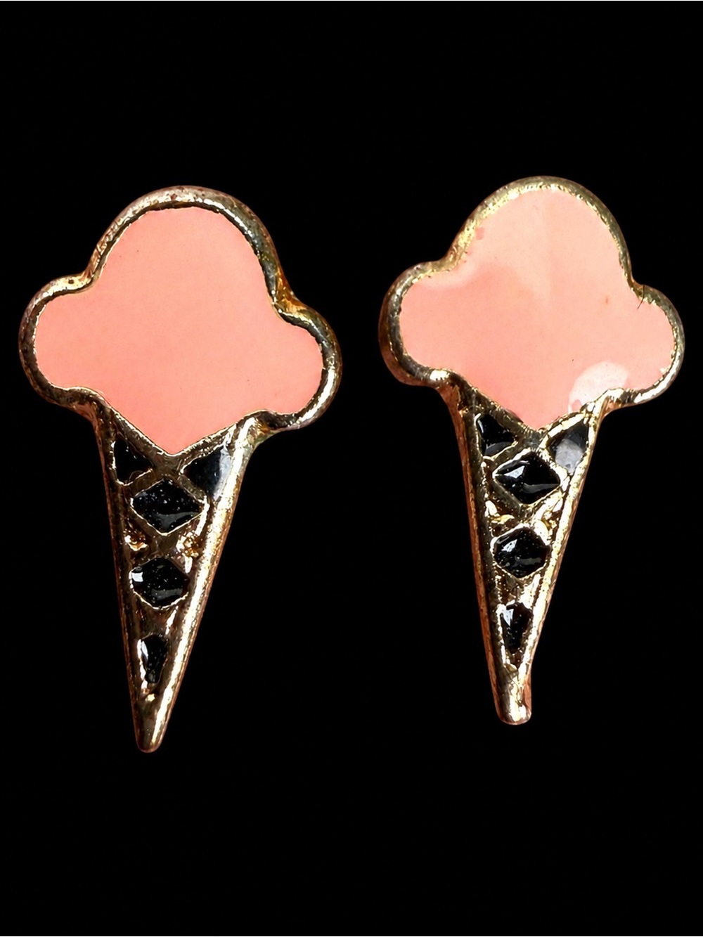 Goldtone, black and pink, sweet ice cream cone costume pierced post earrings